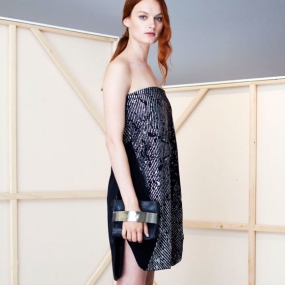 Zero + Maria Cornejo Black and Silver Silk Strapless Mini Dress Size 4 - Picture 1 of 10